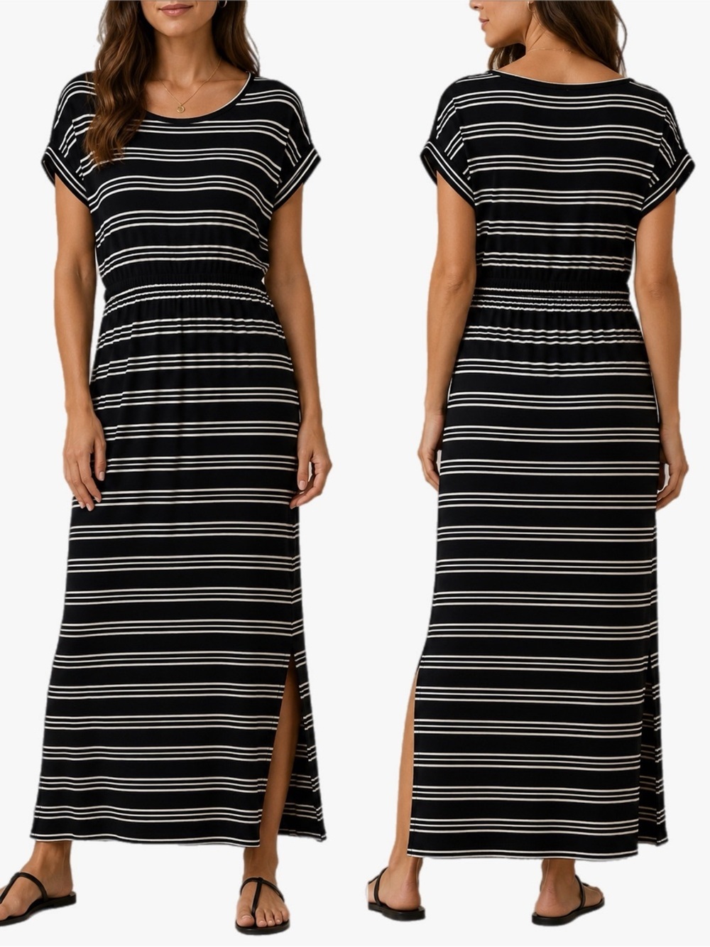 Banana Republic Striped Maxi Dress Black White Side Slit Size Medium